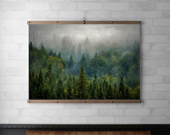 Misty Forest Vintage Photograph Framed Art, Raw Wood Poster Hanger, Canvas Print, Walnut or White Oak with Brass Hardware, Eco Friendly Gift