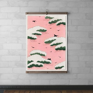 Pink Sky Birds Japanese Print on Canvas | Walnut or White Oak Frame | Wood Poster Hanger | Brass Hardware | Eco-Friendly | Watanabe Seitei