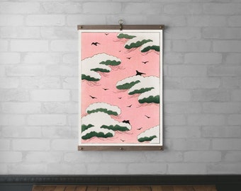 Pink Sky Birds Japanese Print on Canvas | Walnut or White Oak Frame | Wood Poster Hanger | Brass Hardware | Eco-Friendly | Watanabe Seitei