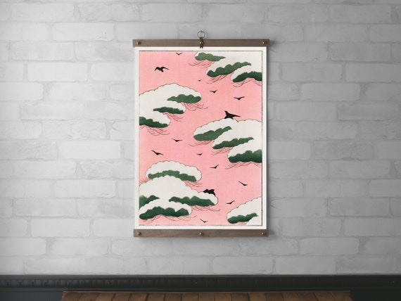 Pink Sky Birds Japanese Print on Canvas Walnut or White Oak - Etsy