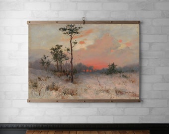 Vintage Landscape Oil Painting | Tapestry Wall Hanging | Wood Hanging Frame | Canvas Print | Walnut or White Oak | Sunset with Trees