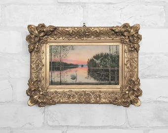 Antique Swans Landscape Miniature Antique Oil Painting Print in Plaster Relief Frame - No. 32