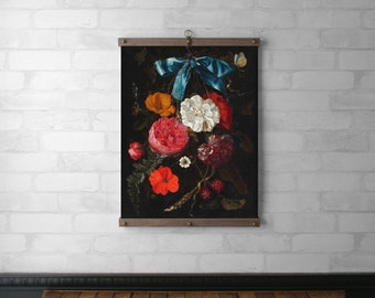 Vintage Floral Framed Tapestry | Canvas Print | Wall Hanging | Wood Hanging Frame | Walnut or White Oak Brass Hardware | Blue Ribbon Garland