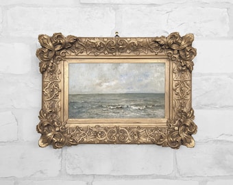 Antique Muted Seascape Miniature Oil Painting Print in Plaster Relief Frame - No. 25