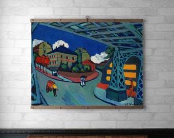 Vivid Cityscape Wall Art | Wall Hanging | Wood Hanging Frame | Framed Canvas Print | Walnut or White Oak | Brass Hardware | Railway Bridge
