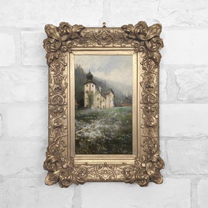 Antique Castle Landscape Miniature Oil Painting Print in Plaster Relief Frame - No. 99