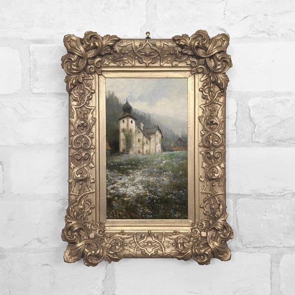 Antique Castle Landscape Miniature Oil Painting Print in Plaster Relief Frame - No. 99