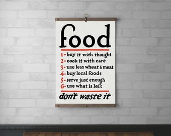 Wall Art WPA Poster Food Chart Wall Hanging, Wood Poster Hanger, Canvas Print, Walnut or White Oak with Brass Hardware, Kitchen Art Gift