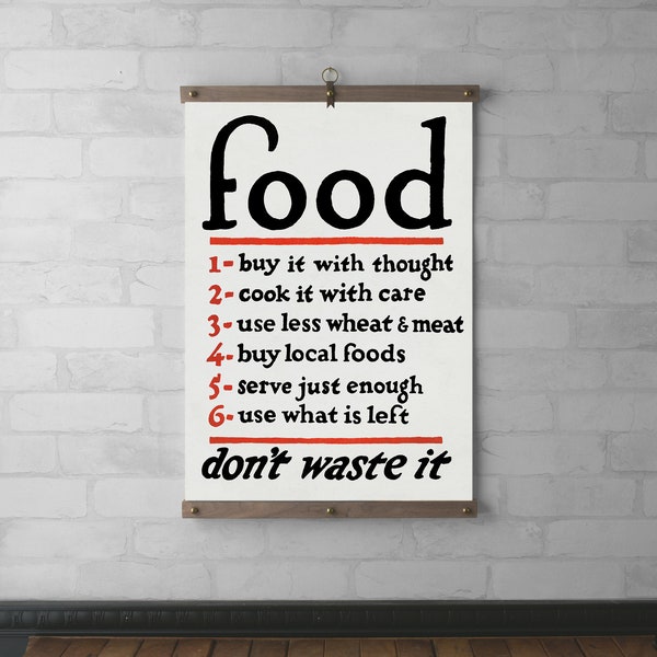 Wall Art WPA Poster Food Chart Wall Hanging, Wood Poster Hanger, Canvas Print, Walnut or White Oak with Brass Hardware, Kitchen Art Gift