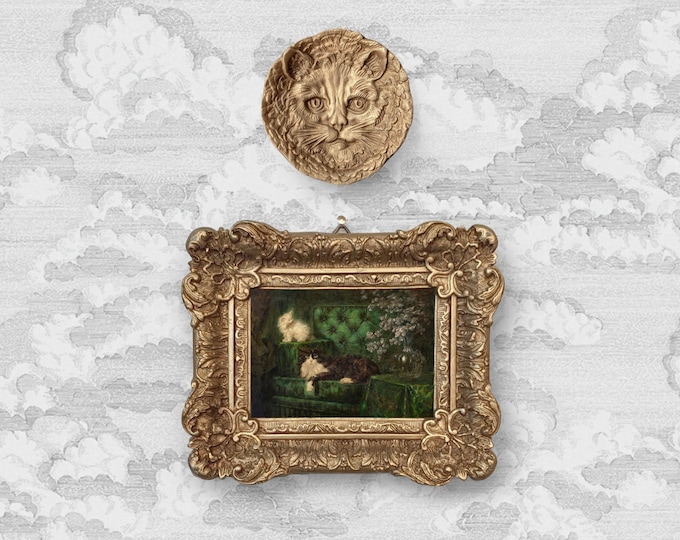 No. 35B - A Tuxedo Cat and a White Kitten on a Green Sofa by Carl Kahler with Cat Relief Medallion Two Piece Set