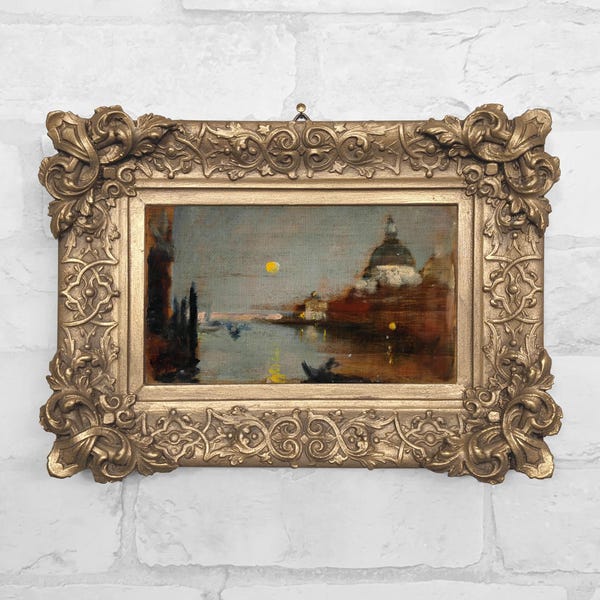 Antique Venice Italy Miniature Moody Oil Painting Print in Plaster Relief Frame - No. 94