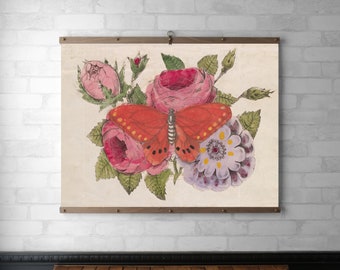 Vintage Botanical Card Wall Hanging | Wood Hanging Frame | Canvas Print | Walnut or White Oak | Solid Brass Hardware | Pink Botanical