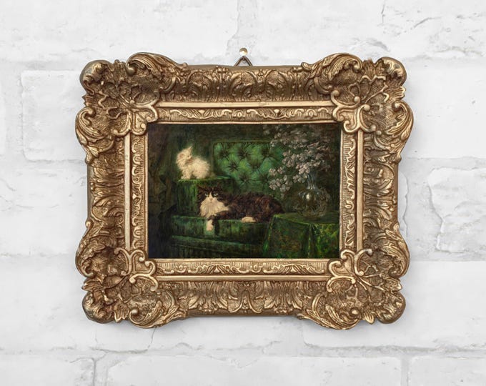 No. 27- A Tuxedo Cat and a White Kitten on a Green Sofa by Carl Kahler