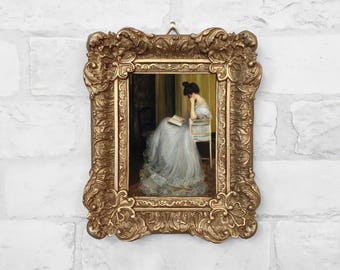 Woman Reading Miniature Antique Oil Painting Print in Plaster Relief Frame  - No. 125
