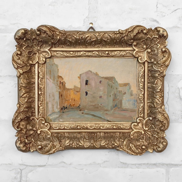 Miniature Antique Italian Architecture Oil Painting Print in Plaster Relief Frame  - No.33