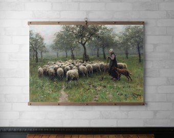 Vintage Landscape Tapestry Wall Hanging | Wood Hanging Frame | Canvas Print | Walnut or White Oak with Brass | Shepherdess & Flock of Sheep