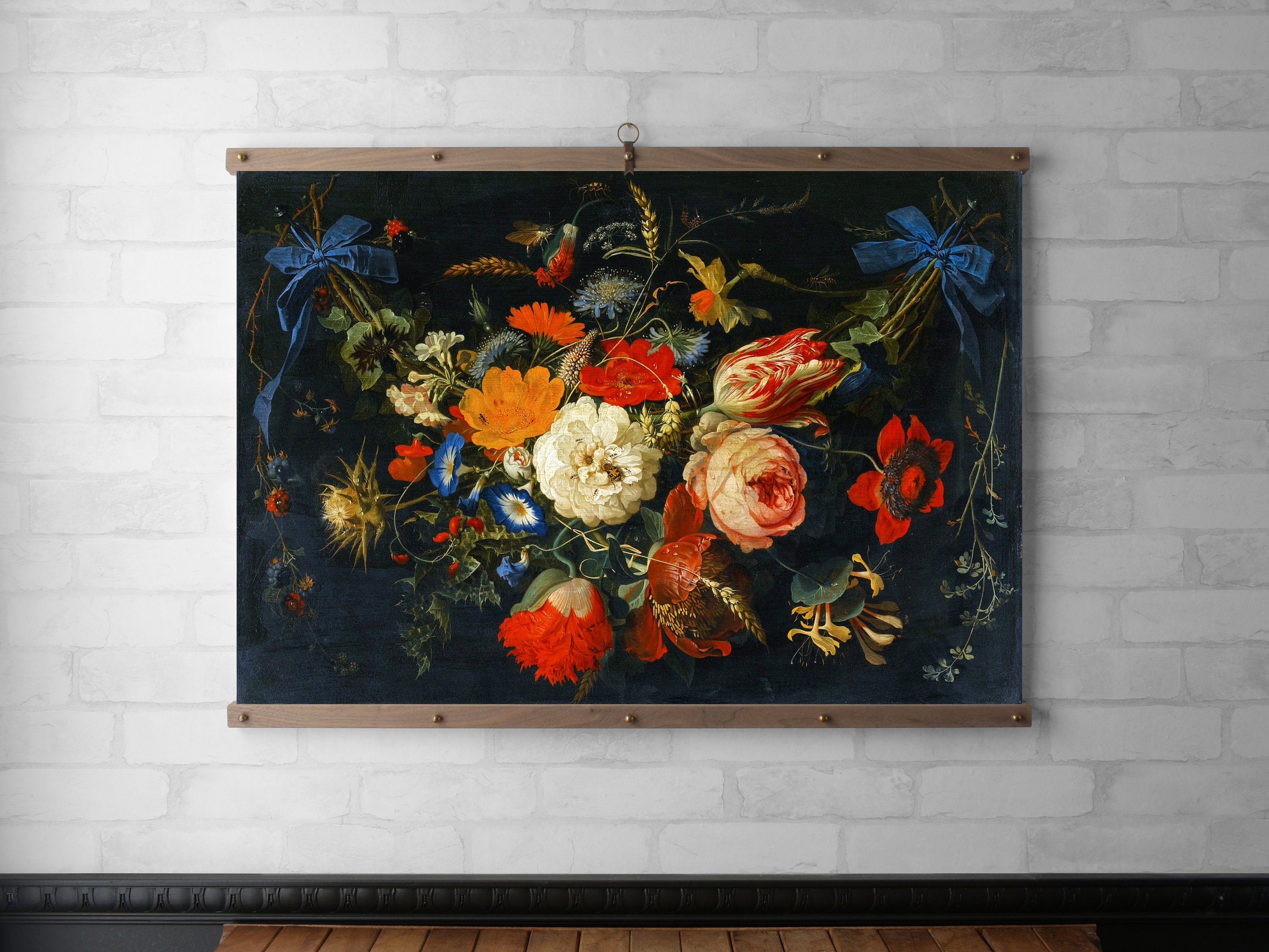 Black Floral Garland Tapestry Wall Hanging Raw Wood Hanging 