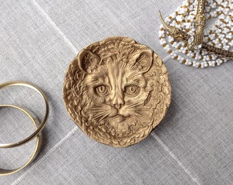 Antique Gold Cat Jewelry Tray, Vintage Style Ring Dish