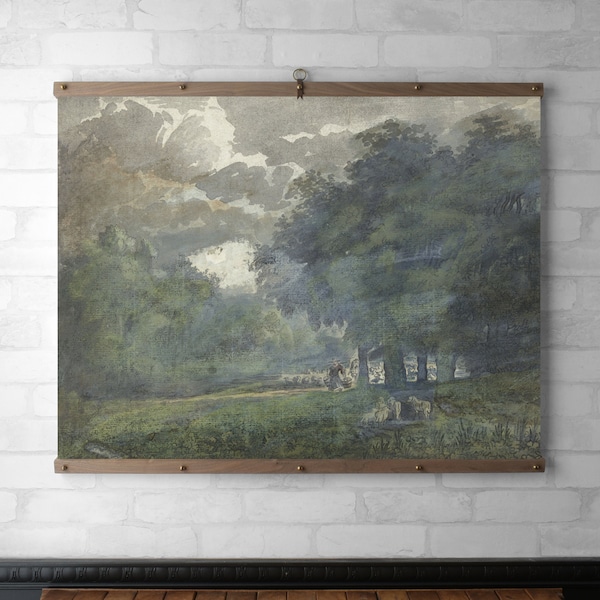 Shepherds in Wooded Landscape Tapestry Wall Hanging, Raw Wood Poster Hanger, Canvas Print, Walnut or White Oak w/ Brass Hardware, Art Gift