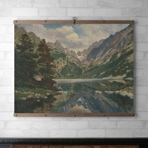 Vintage Landscape Tapestry | Wall Hanging | Wood Hanging Frame | Framed Canvas Print | Walnut or White Oak | Brass Hardware | Mountain Lake