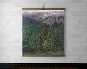 Landscape Tapestry Wall Hanging | Framed Canvas Print | Wood Poster Hanger | Walnut or White Oak & Brass Hardware | Forest with Mountains