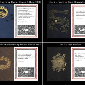 K&ouml;nnte beinhalten: Vier Vintage-Buchcover mit Gold- und Schwarzdesigns. Die Cover zeigen Illustrationen eines Baumes, einer stilisierten S-Form, eines Blumenkranzes und eines Vogelnests. Jedes Cover hat Text und ist rot umrandet.