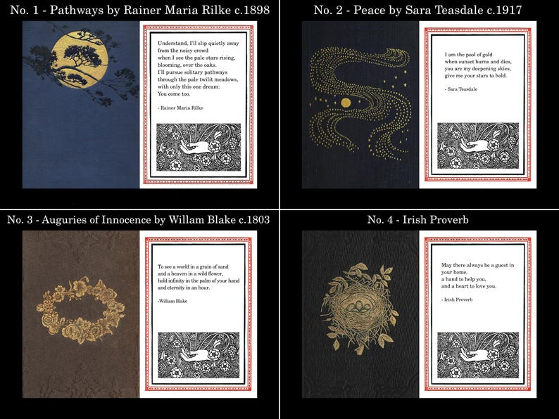 K&ouml;nnte beinhalten: Vier Vintage-Buchcover mit Gold- und Schwarzdesigns. Die Cover zeigen Illustrationen eines Baumes, einer stilisierten S-Form, eines Blumenkranzes und eines Vogelnests. Jedes Cover hat Text und ist rot umrandet.