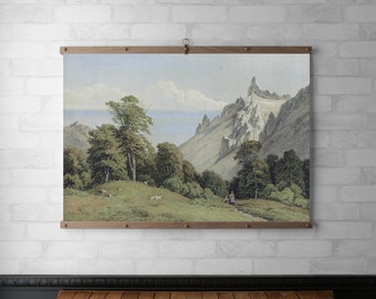 Vintage Landscape Tapestry Wall Hanging | Framed Cottagecore Canvas Print | Wood Hanging Frame | Walnut or White Oak  | Forest & Mountains