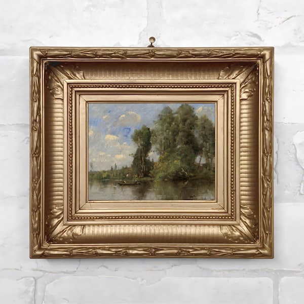 Antique French Countryside Miniature Antique Oil Painting Print in Plaster Relief Frame  - No. 72