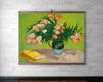 Van Gogh Flowers Wall Hanging, Wood Poster Hanger, Canvas Print, Walnut or White Oak, Solid Brass Hardware, Eco-Friendly Gift, Oleanders