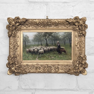 Pastoral Vintage Landscape Art – Small Framed Canvas Print, Antique Oil Painting Reproduction for Cottagecore Decor – No. 26 Shepherdess