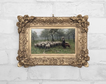 Antieke pastorale landschapsolieverfcanvasprint: ingelijste humeurig Cottagecore art-nr. 26