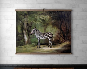 Wall Art Vintage Zebra Landscape Tapestry | Wall Hanging | Wood Hanging Frame | Framed Canvas Print | Walnut or White Oak | Brass Hardware