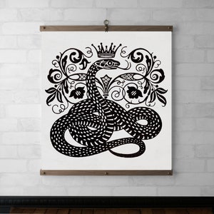 Snake Print Wall Hanging, Wood Poster Hanger, Canvas Print, Eco-Friendly Art Gift, Walnut or White Oak & Brass Hardware, Gift For Her