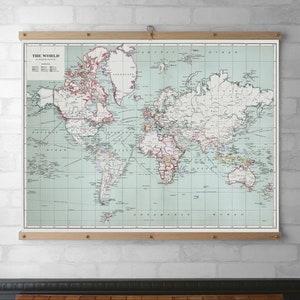 Wall Art World Map 1915 Wall Hanging, Wood Poster Hanger, Canvas Print, Walnut or White Oak & Brass Hardware, Framed Art Gift, Pull Down Map