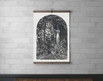 Forest Vintage Framed Canvas Print | Wall Hanging | Wood Hanging Frame | Real Walnut & White Oak | Brass Hardware | Forest with Stream