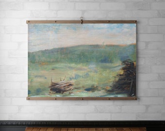 Vintage Landscape Tapestry Wall Hanging | Wood Hanging Frame | Canvas Print | Walnut or White Oak with Brass | Landscape at Saint-Ouen