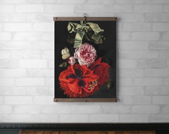 Vintage Floral Framed Tapestry | Canvas Print | Wall Hanging | Wood Hanging Frame | Walnut or White Oak Brass Hardware |Green Ribbon Garland