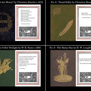 K&ouml;nnte beinhalten: Vier Vintage-Buchcover mit Gedichten und Illustrationen. Zu den Titeln geh&ouml;ren &bdquo;What Are Heavy?&ldquo; und &bdquo;The Rainy Day&ldquo;. Die Cover zeigen Text und dekorative Elemente in Gold und Wei&szlig; auf dunklen Hintergr&uuml;nden, die klassische Literatur pr&auml;sentieren.