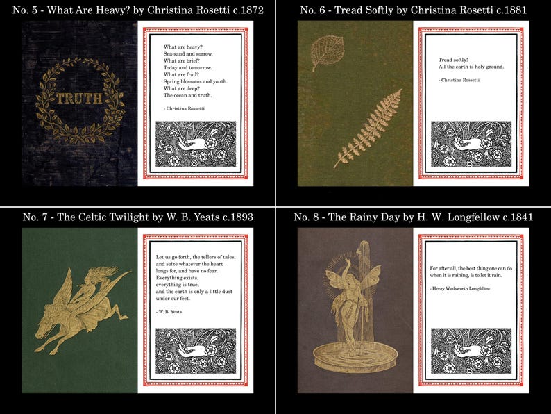 K&ouml;nnte beinhalten: Vier Vintage-Buchcover mit Gedichten und Illustrationen. Zu den Titeln geh&ouml;ren &bdquo;What Are Heavy?&ldquo; und &bdquo;The Rainy Day&ldquo;. Die Cover zeigen Text und dekorative Elemente in Gold und Wei&szlig; auf dunklen Hintergr&uuml;nden, die klassische Literatur pr&auml;sentieren.