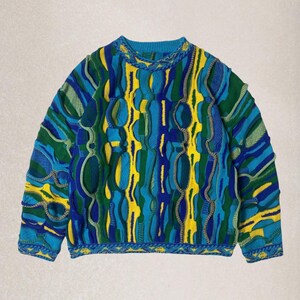 May include: A vibrant patterned jumper in blue, green, and yellow. The jumper has a distinctive textured design with raised details and a ribbed neckline and cuffs. The style is reminiscent of vintage knitwear.