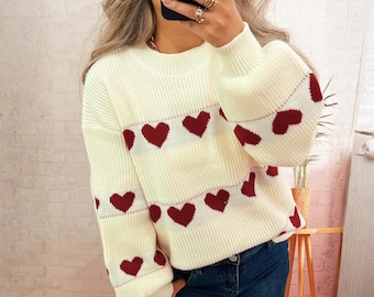 Navy Blue Heart Knit Sweater, Cozy Oversized Pullover, Winter Fashion Top