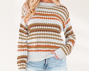 Stripe Eyelet Patterned Drop Shoulder Sweater