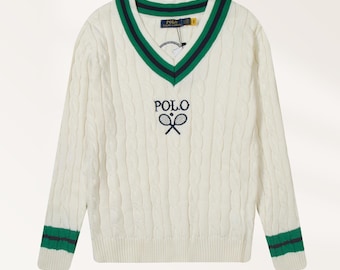Vintage Polo Ralph Lauren Wimbledon Sweater | Cream Cable Knit V-Neck Tennis Jumper