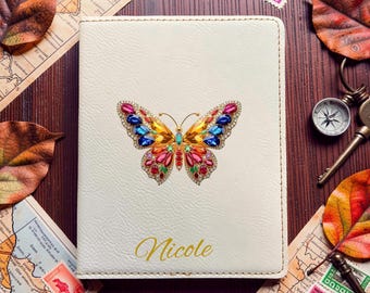 Gemstone Butterfly Passport Cover • Custom Colored Travel Case • Personalized UV-Printed Document Holder • Soft Vegan Leather • Design #41