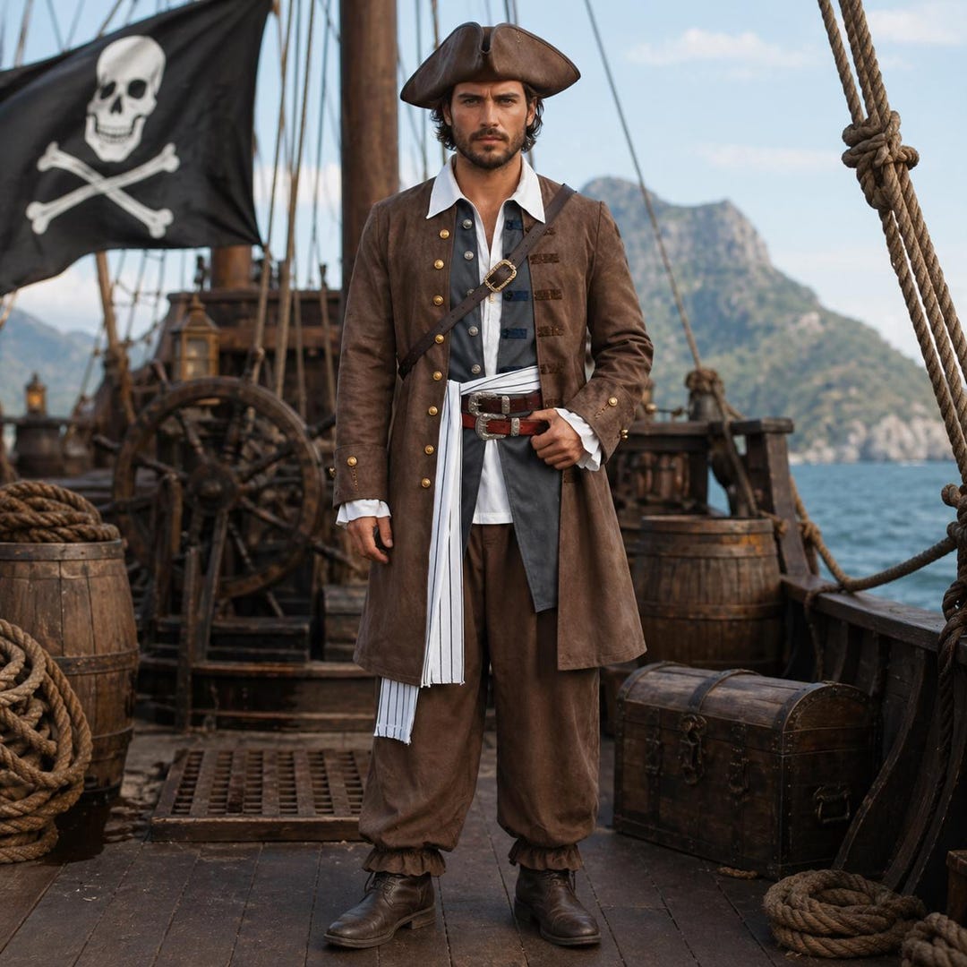 Pirate Captain Costume Men – Jack Sparrow Inspired Outfit, Brown Long ...
