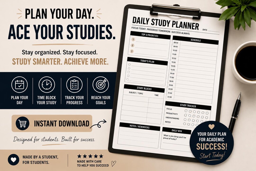 Daily Study Planner Printable PDF | Student Productivity System & Time ...