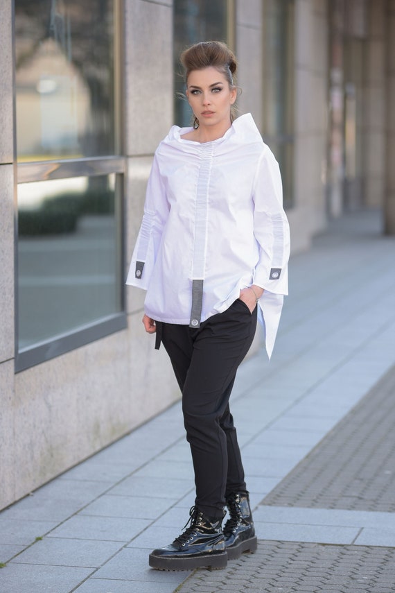 White Cotton Shirt/ Oversized Everyday Shirt / Asymmetric White Shirt / Avant-garde White Shirt