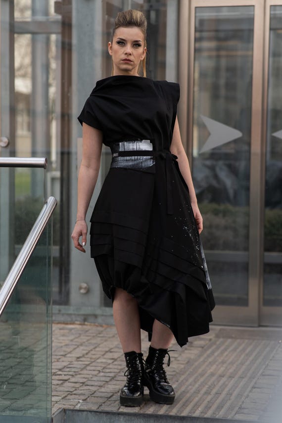 white christmas dresses Black Asymmetric One-Shoulder Cotton Summer Dress