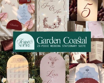 Coastal Wedding Stationery Suite | 23-Piece Complete Bundle | Burgundy & Cream Editable Canva Template